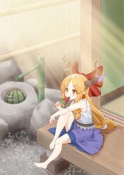 1girl absurdres bamboo barefoot blonde_hair blush bow brown_horns day food fountain frilled_shirt frills fruit full_body hair_bow hair_ornament hairclip highres horn_bow horn_ornament horns ibuki_suika kurohiba long_hair looking_afar low-tied_long_hair name_connection object_namesake open_mouth orange_eyes outdoors pointy_ears popsicle porch purple_bow purple_skirt red_bow shirt sidelocks sitting skirt sleeveless sleeveless_shirt solo sun touhou very_long_hair water watermelon watermelon_bar white_shirt