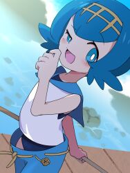 1girl :d blue_eyes blue_hair blue_pants blush bright_pupils commentary_request day fishing_rod hairband half-closed_eye hand_up highres holding holding_fishing_rod komori541milk lana_(pokemon) nintendo no_sclera open_mouth outdoors pants pokemon pokemon_sm shirt short_hair sideways_glance sleeveless sleeveless_shirt smile solo standing swimsuit swimsuit_under_clothes tongue water white_pupils white_shirt yellow_hairband