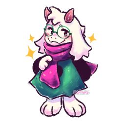 1boy animal_ears artist_name blush chibi cloak closed_mouth commentary deltarune english_commentary fangs furry furry_male goat_boy goat_ears goat_horns green_cloak highres horns looking_at_viewer male_focus pink_scarf ralsei round_eyewear scarf skin_fangs smile sofnas sparkle white_background