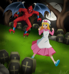 1girl blonde_hair blue_eyes bow breasts capcom claws demon demon_wings dress female_focus genderswap genderswap_(mtf) grass grave hat knight long_hair makaimura moon nervous night pink_dress red_arremer running sir_arthur_(makaimura) solo spell super_ghouls_nu2019_ghosts tombstone transformation tree wings