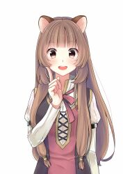 Rule 34 | 1girl, :d, animal ears, black dress, blunt bangs, blush, breasts, brown eyes, brown hair, collared dress, commentary request, dress, finger to cheek, high collar, highres, layered dress, long hair, long sleeves, medium breasts, metal arm cuffs, metal hair tubes, neck ribbon, open mouth, raccoon ears, raccoon girl, raphtalia, red dress, red ribbon, ribbon, shirokuro neko (ouma haruka), simple background, sleeveless, sleeveless dress, smile, solo, straight-on, straight hair, striped clothes, striped dress, tate no yuusha no nariagari, teeth, two-tone dress, upper body, upper teeth only, vertical-striped clothes, vertical-striped dress, white background, white dress