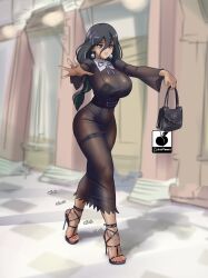 1girl anklet artist_logo artist_name bag black_dress black_hair black_sandals breasts dress earrings feet full_body grey_eyes hair_between_eyes hair_ribbon handbag hex_maniac_(pokemon) hex_maniac_(pokemon_legends:_z-a) high_heel_sandals high_heels highres holding huge_breasts impossible_clothes impossible_dress jewelry lace lace-trimmed_panties lace_trim legs lingerie linkartoon logo long_sleeves low_ponytail nintendo outdoors panties parted_lips pokemon pokemon_legends:_z-a ponytail purple_ribbon ribbon sandals see-through_clothes see-through_dress shadow sketch_background solo sound_effects stiletto_heels strappy_heels thigh_strap toenails toes underwear wide_sleeves