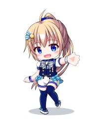 1girl :d ahoge bead_bracelet beads blonde_hair blue_eyes blue_thighhighs blush bow bow_legwear bracelet buttons chibi commentary double-breasted getsuyoshi hair_ornament high_ponytail highres idol idol_clothes itsumura_haruka jewelry long_hair no_nose open_mouth outstretched_arm outstretched_hand ponytail re:stage! shadow shoes short_sleeves shorts showgirl_skirt simple_background smile solo standing standing_on_one_leg striped_bow thighhighs very_long_hair white_background white_bow white_shoes white_shorts wristband
