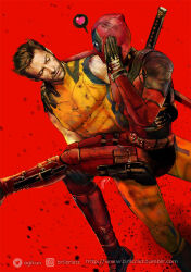 2boys arm_around_neck beard belt black_gloves blood blush bodysuit brilcrist brown_hair carrying commentary deadpool deadpool_&amp;_wolverine deadpool_(series) english_commentary facial_hair gloves heart instagram_username katana looking_at_another male_focus marvel marvel_cinematic_universe mask multiple_boys muscular muscular_male princess_carry red_bodysuit short_hair sleeveless spoken_heart superhero_costume sword tumblr_username twitter_username weapon weapon_on_back wolverine_(x-men) x-men yaoi yellow_bodysuit