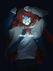 ahoge arms_up black_background black_pants black_streaks blood blood_from_mouth blood_on_clothes blood_on_face blue_eyes blue_jacket chromatic_aberration drawstring dying english_text from_above grey_jacket grin hashtag-only_commentary highres hood hoodie jacket male_focus multicolored_hair multicolored_jacket on_ground pants pool_of_blood red_hair roiko7010 short_hair slit_throat smile solo streaked_hair sumino_takumi sweat the_hundred_line_-last_defense_academy- two-tone_jacket white_hoodie