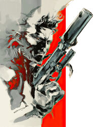 1boy artbook box_art clenched_teeth commentary english_commentary facial_hair from_side gloves gun handgun highres holding holding_gun holding_weapon laser_sight long_hair looking_to_the_side male_focus metal_gear_(series) metal_gear_solid_2:_sons_of_liberty official_art parted_lips promotional_art red_background scan shinkawa_youji simple_background solid_snake solo suppressor teeth third-party_source trigger_discipline two-tone_background weapon white_background