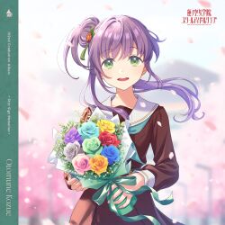 Rule 34 | 1girl, absurdres, album cover, aqua neckerchief, blue flower, blue rose, blurry, blurry background, bouquet, brown dress, character logo, character name, cherry blossoms, copyright logo, cover, cowboy shot, dress, english text, falling petals, floating hair, flower, graduation, green eyes, green flower, green rose, grey flower, grey rose, hair bun, hair flower, hair ornament, hasu no sora school uniform, highres, holding, holding bouquet, link! like! love live!, long hair, long sleeves, love live!, neckerchief, official art, open mouth, orange flower, orange rose, otomune kozue, petals, pink flower, pink petals, pink rose, pleated dress, purple flower, purple hair, purple rose, red flower, red rose, rose, sailor collar, sailor dress, school uniform, second-party source, side ponytail, sidelocks, single side bun, smile, solo, tassel, tassel hair ornament, teeth, upper teeth only, virtual youtuber, white sailor collar, winter uniform, yellow flower, yellow rose