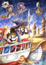1boy 2017 3girls aircraft airship belt blonde_hair blue_eyes blue_overalls boots broom broom_riding brown_hair cappy_(mario) commission crossover dress facial_hair gloves hair_over_one_eye hat highres holding holding_mushroom hooded_dress kagari_atsuko kicdon little_witch_academia long_hair lotte_jansson luna_nova_school_uniform mario mario_(series) multiple_girls mushroom mustache nintendo odyssey_(super_mario_odyssey) one_eye_closed open_mouth overalls pale_skin pixiv_commission red_belt red_eyes red_hat school_uniform shirt short_hair smile sucy_manbavaran sunset super_mario_odyssey tower white_gloves witch witch_hat