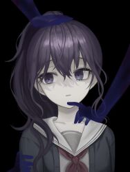 1girl absurdres asahina_mafuyu black_background black_cardigan cardigan collarbone commentary_request hair_between_eyes highres kkamkkam long_hair looking_to_the_side neckerchief parted_lips ponytail project_sekai purple_eyes purple_hair red_neckerchief ringed_eyes sailor_collar school_uniform serafuku shadow_hands shirt solo_focus upper_body white_sailor_collar white_shirt