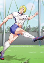 Rule 34 | 1girl, 2025, absurdres, action, arm up, ball, blonde hair, blue eyes, blue shoes, blue sky, blue trim, bouncing breasts, breasts, collarbone, commentary, day, female focus, full body, highres, kicking, kureshi (hannzi), kyoka (kureshi), large breasts, mature female, midriff, motion lines, muscular, muscular female, muscular legs, open mouth, original, outdoors, shirt, shoes, short hair, sky, sneakers, soccer ball, soccer uniform, socks, solo, sportswear, thick thighs, thighs, white shirt, white socks