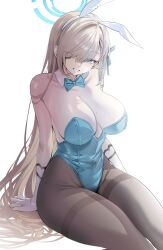 1girl absurdres animal_ears asuna_(blue_archive) asuna_(bunny)_(blue_archive) bare_shoulders black_pantyhose blue_archive blue_bow blue_bowtie blue_eyes blue_halo blue_leotard blue_ribbon bow bowtie breasts brown_hair collarbone detached_collar fake_animal_ears gloves hair_over_one_eye hair_ribbon halo highleg highleg_leotard highres invisible_chair large_breasts laseri leotard long_hair looking_at_viewer mole mole_on_breast official_alternate_costume pantyhose playboy_bunny rabbit_ears ribbon simple_background sitting smile solo strapless strapless_leotard teeth thighband_pantyhose very_long_hair white_background white_gloves