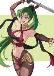 1girl absurdres alternate_costume armpits bare_shoulders blush bracelet breasts bridal_gauntlets cleavage cosplay criss-cross_halter dancer dorothea_arnault dorothea_arnault_(cosplay) dorothea_arnault_(plegian) dorothea_arnault_(plegian)_(cosplay) earrings emmettart fire_emblem fire_emblem:_the_blazing_blade fire_emblem_heroes gold_collar green_eyes green_hair hair_ornament halterneck harem_outfit high_ponytail highres holding holding_sword holding_weapon jewelry large_breasts loincloth long_hair looking_at_viewer lyn_(fire_emblem) navel nintendo open_mouth pantyhose pelvic_curtain ponytail sideboob smile solo sword thigh_ring very_long_hair weapon