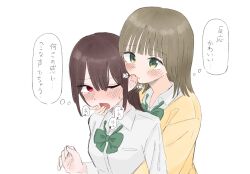 2girls biting biting_ear blue_eyes blush bow bowtie brown_hair collared_shirt commentary english_commentary green_bow green_bowtie highres long_hair long_sleeves multiple_girls one_eye_closed ono_or_ohno original pink_eyes school_uniform shirt speech_bubble sweatdrop sweater thought_bubble translation_request white_shirt yellow_sweater yuri