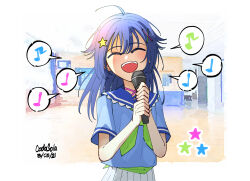 1girl :d ^_^ ahoge artist_name blue_hair blue_sailor_collar blue_serafuku border bottle_(bottle1234) bush closed_eyes commentary dated frilled_sailor_collar frills green_neckerchief hair_flaps hair_ornament happy highres holding holding_microphone indie_virtual_youtuber long_hair microphone music musical_note neck_ribbon neckerchief open_mouth outside_border pleated_skirt ribbon sailor_collar school_uniform senzawa serafuku singing skirt smile solo spoken_musical_note star_(symbol) star_hair_ornament symbol-only_commentary virtual_youtuber white_border white_skirt x_hair_ornament