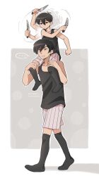 ... 2boys absurdres alternate_skin_color antenna_hair artist_name bare_arms bare_shoulders black_eyes black_hair black_tank_top black_thighhighs border bright_pupils carrying chromatic_aberration clenched_hand clenched_teeth closed_mouth collarbone commentary commission double-parted_bangs dual_persona english_commentary facial_hair full_body grey_background grey_pupils hair_between_eyes hands_on_another&#039;s_thighs highres holding holding_knife knife male_focus motion_lines multiple_boys no_sclera no_shoes omori omori_(omori) omoriboy outline outside_border over-kneehighs shadow short_hair shorts shoulder_carry shrimperini simple_background sitting spoken_ellipsis striped_clothes striped_shorts sweatdrop tank_top teeth thighhighs vertical-striped_clothes vertical-striped_shorts very_short_hair walking watermark white_border white_outline white_shorts