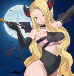 Rule 34 | 1girl, blonde hair, breasts, collarbone, colorized, dead rock, demon girl, demon tail, elbow gloves, gaston18, gloves, highres, horns, large breasts, lilith (dead rock), long hair, mashima hiro, pointy ears, red eyes, revealing clothes, solo, tail, underboob