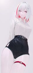 Rule 34 | 1girl, absurdres, arms behind back, arrow hair ornament, belt, black belt, closed mouth, collared shirt, colored inner hair, flippy (cripine111), grey hair, hair between eyes, highres, honkai: star rail, honkai (series), long sleeves, looking at viewer, multicolored eyes, multicolored hair, red hair, shirt, shirt tucked in, short hair, simple background, solo, streaked hair, thigh belt, thigh strap, thighs, topaz (honkai: star rail), white background, white shirt