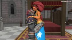 1boy 1girl 20s 3d animated armor artist_name bare_shoulders beard bed bedroom belt black_pants blue_lips blue_skirt boots breastplate breasts carpet castle checkered_floor colored_skin couple dark-skinned_female dark-skinned_male dark_skin eye_contact eyeshadow facial_hair ganondorf gerudo green_eyes grey_shirt grey_skin hands_on_another&#039;s_waist hetero highres indoors interior kiss kneeling lipstick long_hair long_sleeves looking_at_another makeup medium_breasts midriff nintendo pants pointy_ears pointy_nose red_hair resized shirt short_hair skirt smexy_nation source_filmmaker_(medium) standing super_smash_bros. the_legend_of_zelda the_legend_of_zelda:_breath_of_the_wild undershirt upscaled urbosa video