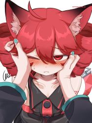 2girls ahoge animal_ears annoyed aqua_nails bare_shoulders black_shirt black_sleeves blush breast_pocket cat_ears detached_sleeves drill_hair from_above hair_between_eyes hands_on_another&#039;s_head hatsune_miku headpat highres karasu2020_8 kasane_teto kasane_teto_(utau) long_sleeves looking_at_viewer multiple_girls number_tattoo pocket pov pov_hands red_eyes red_hair shirt signature simple_background sleeveless sleeveless_shirt standing sweatdrop tattoo twin_drills utau vocaloid white_background