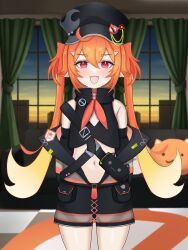 1girl arms_behind_back belly blush blush_stickers chromashift commission couch curtains dusk enya_ignis hat highres indoors jacket knee_up knees_up multicolored_hair navel open_mouth orange_hair pants pointy_ears renhiraoka12 shorts smile solo standing twintails virtual_youtuber window