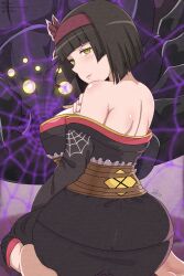 1girl 2bls ass bob_cut brown_hair bug japanese_clothes kimono mio_(tsuki_ga_michibiku_isekai_douchuu) silk spider spider_web tsuki_ga_michibiku_isekai_douchuu yellow_eyes