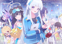 6+girls :d :o ^_^ battery_indicator bent_v black_hair blonde_hair blue_archive blue_headband breasts cheerleader cleavage closed_eyes commentary confetti gakuran goggles goggles_on_head grey_hair hair_over_eyes halo headband hibiki_(blue_archive) hibiki_(cheer_squad)_(blue_archive) highres hugging_object jacket kaerunrun kotori_(blue_archive) kotori_(cheer_squad)_(blue_archive) lab_coat looking_at_another looking_at_viewer medium_breasts millennium_science_school_student_(blue_archive) millennium_science_school_student_a_(blue_archive) millennium_science_school_student_b_(blue_archive) multiple_girls noa_(blue_archive) official_alternate_costume open_mouth ouendan pom_pom_(cheerleading) profile purple_hair school_uniform smile stadium tablet_pc track_jacket utaha_(blue_archive) utaha_(cheer_squad)_(blue_archive) v viewfinder yuuka_(blue_archive) yuuka_(track)_(blue_archive)