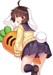 1girl ahoge alternate_costume animal_ears black_skirt black_socks blush brown_eyes brown_footwear brown_hair cardigan commentary_request floppy_ears foot_out_of_frame hataraki_kuma inaba_tewi long_sleeves looking_at_viewer miniskirt one_eye_closed pleated_skirt rabbit_ears rabbit_girl rabbit_tail school_uniform serafuku short_hair simple_background skirt sleeves_past_wrists socks solo stuffed_carrot tail thighs tongue tongue_out touhou underbutt v white_background yellow_cardigan