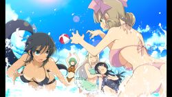 5girls absurdres arms_up ass ball beachball bikini bikini_skirt black_bikini blonde_hair blue_one-piece_swimsuit blue_sky blunt_bangs breasts brown_bikini brown_hair butt_crack closed_eyes cloud curly_hair dark-skinned_female dark_skin eyepatch fang game_cg green_bikini green_eyes green_hair hair_ribbon hand_on_another&#039;s_shoulder haruka_(senran_kagura) highres hikage_(senran_kagura) homura_(senran_kagura) large_breasts leaning_back leaning_forward long_hair looking_at_viewer looking_up medium_hair mirai_(senran_kagura) multiple_girls navel non-web_source official_art one-piece_swimsuit open_mouth outdoors pillarboxed pink_bikini pink_ribbon ponytail ribbon school_swimsuit senran_kagura senran_kagura_burst short_hair skirt sky smile spread_legs sunlight swimsuit tan tanline thong_bikini underboob wading water water_drop wet wide-eyed yaegashi_nan yomi_(senran_kagura)