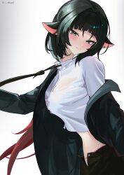 Rule 34 | 1girl, absurdres, animal ears, black hair, black jacket, breasts, button gap, chowol, closed mouth, crop top, green eyes, hair intakes, highres, jacket, jane doe (zenless zone zero), long sleeves, looking at viewer, medium breasts, medium hair, midriff, mouse ears, off shoulder, open clothes, open fly, open jacket, panties, shirt, simple background, smile, solo, string panties, underwear, upper body, white background, white shirt, zenless zone zero
