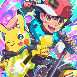 1boy aqua_scarf ash_ketchum black_hair black_nails brown_eyes commentary_request cyaneko fingerless_gloves gen_1_pokemon gloves hair_between_eyes hat highres holding holding_microphone looking_at_viewer male_focus microphone microphone_stand nail_polish nintendo open_mouth pikachu pokemon pokemon_(anime) pokemon_(creature) pokemon_journeys red_hat scarf shirt short_hair short_sleeves sideways_hat sparkle star_(symbol) star_in_eye symbol_in_eye tongue tongue_out