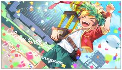 1boy ^_^ aircraft amanogawa_ryuusei aqua_shorts arm_up belt belt_pouch blonde_hair blue_sky border brown_belt brown_hair character_name child closed_eyes cloud commentary confetti cowboy_shot dated dirigible dutch_angle hair_between_eyes happy happy_birthday head_wreath highres holding holding_trophy jacket jinzou_konchuu_kabutoborg_vxv kuroda_(kuro_yyy) male_focus open_mouth outdoors pouch red_jacket shirt short_hair shorts sky smile solo stadium teeth trophy upper_teeth_only white_border white_shirt wristband
