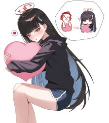 1boy 1girl absurdres black_hair blue_archive blunt_bangs blush doodle_sensei_(blue_archive) hair_ornament hairclip halo heart heart_cushion highres hug jacket long_hair looking_at_viewer magya416 red_eyes ringed_eyes rio_(blue_archive) sensei_(blue_archive) simple_background spoken_heart white_background