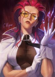 1girl adjusting_clothes adjusting_gloves biceps black_necktie breasts character_name commentary crimson_viper earrings frown glaring gloves green_eyes hair_slicked_back head_tilt highres jacket jacket_on_shoulders jewelry large_breasts looking_at_viewer necktie necktie_aside phamoz red_hair solo street_fighter street_fighter_6 sunglasses tinted_eyewear toned toned_female upper_body white_gloves yellow-tinted_eyewear