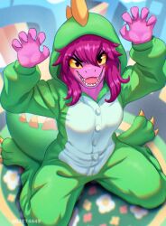1girl buttons claw_pose claws colored_skin deltarune fangs furry furry_female highres hood kneeling liet4649 lizard_costume lizard_tail looking_at_viewer official_alternate_costume open_mouth pink_skin reptile_girl sharp_teeth solo susie_(dark_world)_(deltarune) susie_(deltarune) tail teeth yellow_eyes