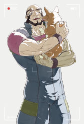 Rule 34 | :d, animal, bald, bara, beard, black hair, bulge, cowboy bebop, dog, ein (cowboy bebop), facial hair, haku (pixiv 98785262), highres, holding, holding animal, holding dog, hug, jet black, licking, licking another&#039;s face, mature male, muscular, muscular male, one eye closed, open mouth, scar, scar across eye, scar on face, short sleeves, simple background, smile, standing, thick eyebrows, viewfinder