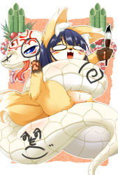 1girl anger_vein animal_ears blush body_writing calligraphy_brush constricting fox_ears fox_tail furry furry_female o_o open_mouth original paintbrush snake tail tsune-hime ukan_muri