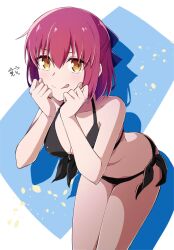 1girl :q alternate_costume azami_masurao bikini black_bikini blue_ribbon breasts commentary_request hair_between_eyes hair_ribbon half_updo highres kohaku_(tsukihime) medium_breasts red_hair ribbon short_hair signature solo swimsuit tongue tongue_out tsukihime yellow_eyes