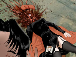 2girls beret black_thighhighs blonde_hair blood blood_on_face blood_splatter blue_eyes breasts cape chinese_commentary closed_mouth commentary_request corpse death eyeball garter_straps genderswap genderswap_(mtf) guro hat highres ince_zangwill kikinotamai klein_moretti long_sleeves lord_of_the_mysteries lying medium_breasts multiple_girls on_back panties photo_(object) red_cape thighhighs underwear v