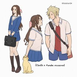 Rule 34 | 1boy, 1girl, aerith gainsborough, alternate universe, animalization, bag, black socks, blonde hair, blue eyes, blue pants, blue shirt, blue skirt, brown footwear, brown hair, cloud strife, cropped legs, crossover, final fantasy, final fantasy vii, fruits basket, full body, green eyes, hair ribbon, highres, holding, holding bag, lida (lidalida04), loafers, long hair, long sleeves, looking at another, open mouth, pants, parted bangs, pink ribbon, pleated skirt, red shirt, ribbon, sailor collar, school uniform, shirt, shoes, short hair, short sleeves, shoulder bag, sidelocks, skirt, socks, spiked hair, summer uniform, twitter username, white background, white sailor collar, white shirt, winter uniform
