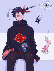 1boy absurdres akatsuki_uniform anger_vein black_coat black_hair black_pants blank_eyes blood book coat feet_out_of_frame highres hoheto holding holding_book kunai male_focus mask naruto_(series) naruto_shippuuden pants purple_background severed_arm severed_limb short_hair shuriken sitting solo uchiha_obito unworn_mask weapon