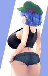 Rule 34 | 1girl, absurdres, alternate costume, ass, back, black tank top, blue background, blue eyes, blue hair, blue shorts, blush, breasts, denim, denim shorts, flat cap, green hat, hair bobbles, hair ornament, hat, highres, huge breasts, kawashiro nitori, looking at viewer, looking back, short hair, short shorts, shorts, solo, tank top, tarmo, touhou, two-tone background, white background