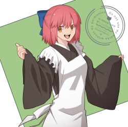 1girl apron black_kimono cowboy_shot green_background hirakawa japanese_clothes kimono kohaku_(tsukihime) maid red_hair short_hair simple_background solo tsukihime white_apron yellow_eyes