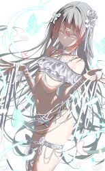 1girl absurdres arm_ribbon bra breasts bug butterfly chain collar cowboy_shot dated_commentary feathers flower grey_hair hair_between_eyes hair_flower hair_ornament hair_ribbon hairpin hands_up highres insect lace lace_bra leg_ribbon long_hair looking_at_viewer navel neck_ribbon original panties ribbon rose sajin_(user_pvrm4582) side-tie_panties small_breasts solo standing thigh_strap underwear variant_set very_long_hair white_bra white_flower white_panties white_ribbon white_rose