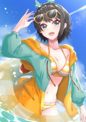 1girl absurdres bikini black_hair blue_eyes blue_sky borumete breasts cleavage collarbone commentary_request contrail cowboy_shot eyewear_on_head highres hololive hood hooded_jacket hoodie innertube jacket looking_at_viewer medium_breasts multicolored_jacket oozora_subaru oozora_subaru_(hololive_summer_2019) short_hair sky smile solo striped_bikini striped_clothes sunglasses swim_ring swimsuit two-tone_jacket virtual_youtuber water