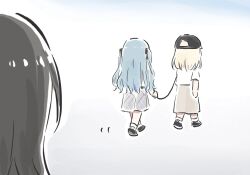 Rule 34 | 3girls, bang dream!, bang dream! it&#039;s mygo!!!!!, baseball cap, black hair, black hat, blonde hair, blue hair, brown skirt, grey skirt, hat, holding, holding leash, leash, long hair, lyy, misumi uika, multiple girls, shiina taki, shirt, short sleeves, simple background, skirt, togawa sakiko, two side up, white background, white shirt, yuri