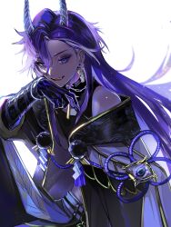 1boy asymmetrical_bangs banzoin_hakka_(3rd_costume) colored_extremities earrings eyeshadow fang hair_between_eyes hand_on_own_chin highres holostars holostars_english horns jewelry light_particles long_hair makeup ofuda_earrings open_mouth parted_bangs purple_eyes purple_eyeshadow purple_hair rovaroca shirt simple_background sleeveless sleeveless_shirt smile solo virtual_youtuber white_background