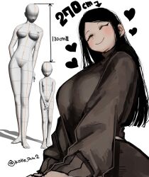 3d arrow_(symbol) blush closed_eyes closed_mouth heart height_difference height_mark highres inuyama_amu light_smile long_hair original tall_female turtleneck