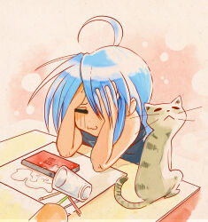 1girl :3 ahoge animal blue_hair blue_shirt cat closed_eyes handheld_game_console hands_on_own_face highres izumi_konata lucky_star nintendo_ds paper phil_dragash sad shirt solo spill tabby_cat