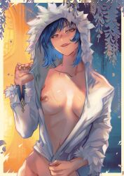 Rule 34 | 1girl, artist name, blue hair, breasts, collarbone, english text, framed, fur-trimmed hoodie, fur-trimmed sleeves, fur trim, genshin impact, green eyes, heart, heart-shaped pupils, highres, hood, hood up, hoodie, long sleeves, looking at viewer, medium breasts, navel, nipples, open mouth, signature, smile, solo, sweatdrop, symbol-shaped pupils, teeth, upper teeth only, washuu, yelan (genshin impact)
