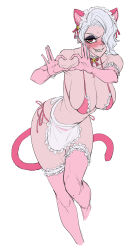 1girl absurdres animal_ears apron blush breasts cat_ears cat_tail collar demon demon_girl demon_horns ear_piercing hair_over_one_eye heart heart_hands helltaker highres horns kimleon large_breasts looking_at_viewer maid_apron mouth_piercing nose_piercing panties piercing pink_panties pink_thighhighs red_eyes short_hair standing tail thighhighs underwear white_background zdrada_(helltaker)
